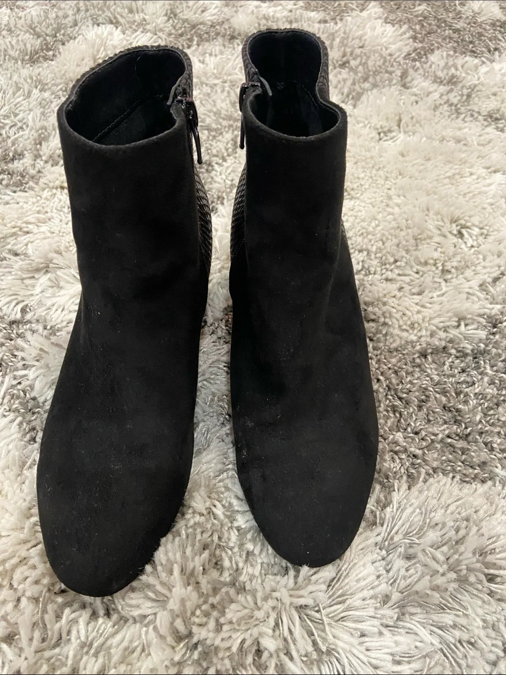 XOXO Black Suede Ankle Boots with Textured Heel Detail. Size 6.5 M